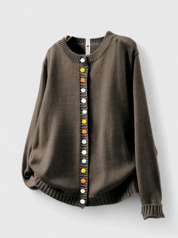 Crew Neck Ruffle Trim Button Front Cardigan