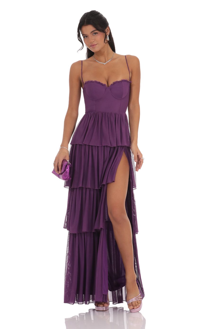 Mesh Ruched Cup Bustier Tiered Ruffle High Split Maxi Dress