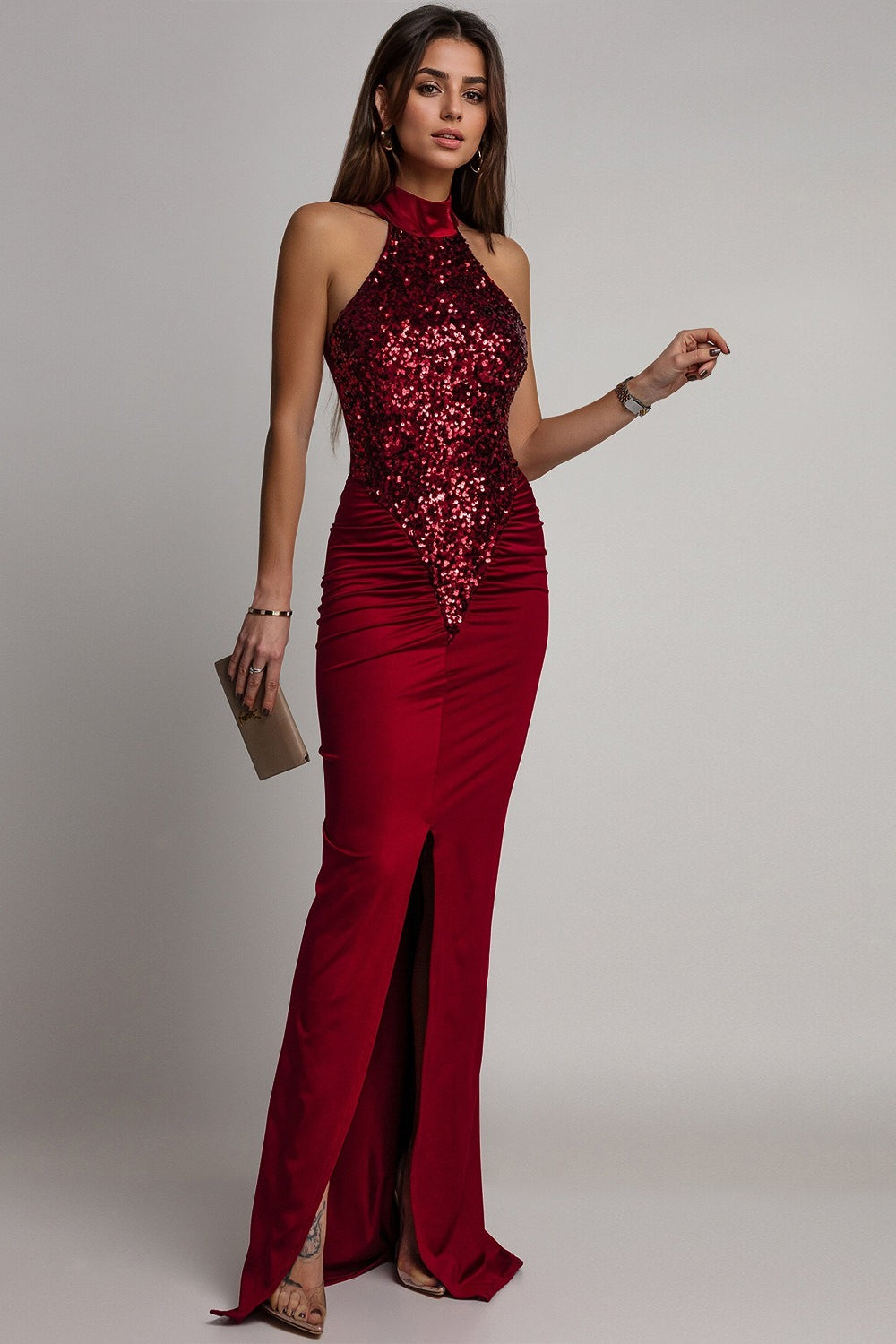 Sequin Halter Neck Ruched High Split Mermaid Gown