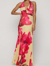 Floral Halter Neck Deep V-Neck Ruched Maxi Dress 12