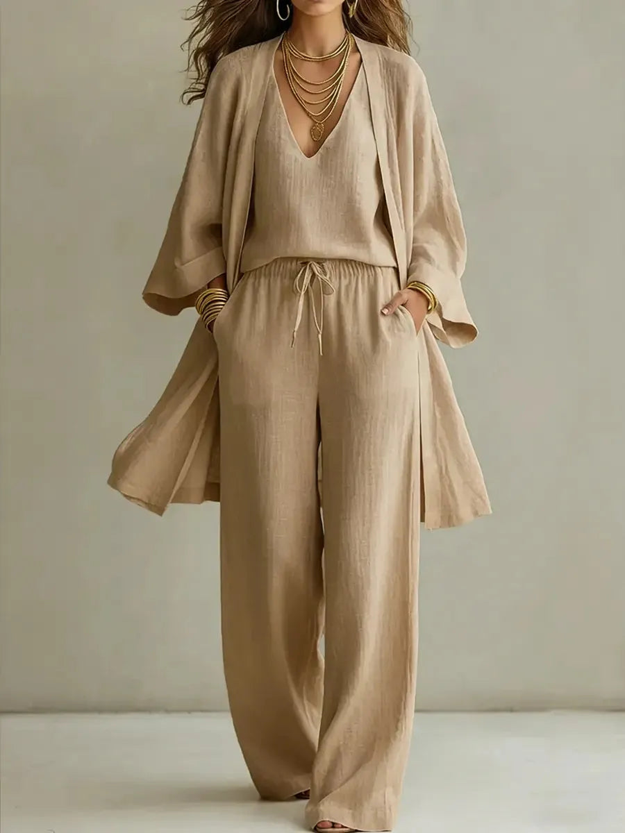 Open Front Robe Cami and Wide Leg Pants Three Piece Set