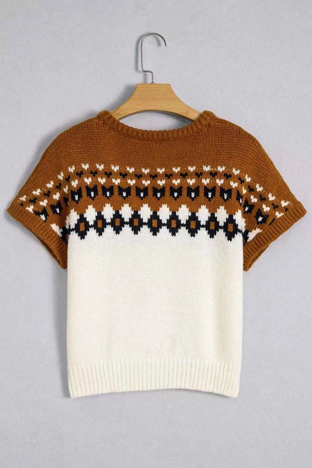 V Neck Short Sleeve Geometric Sweater