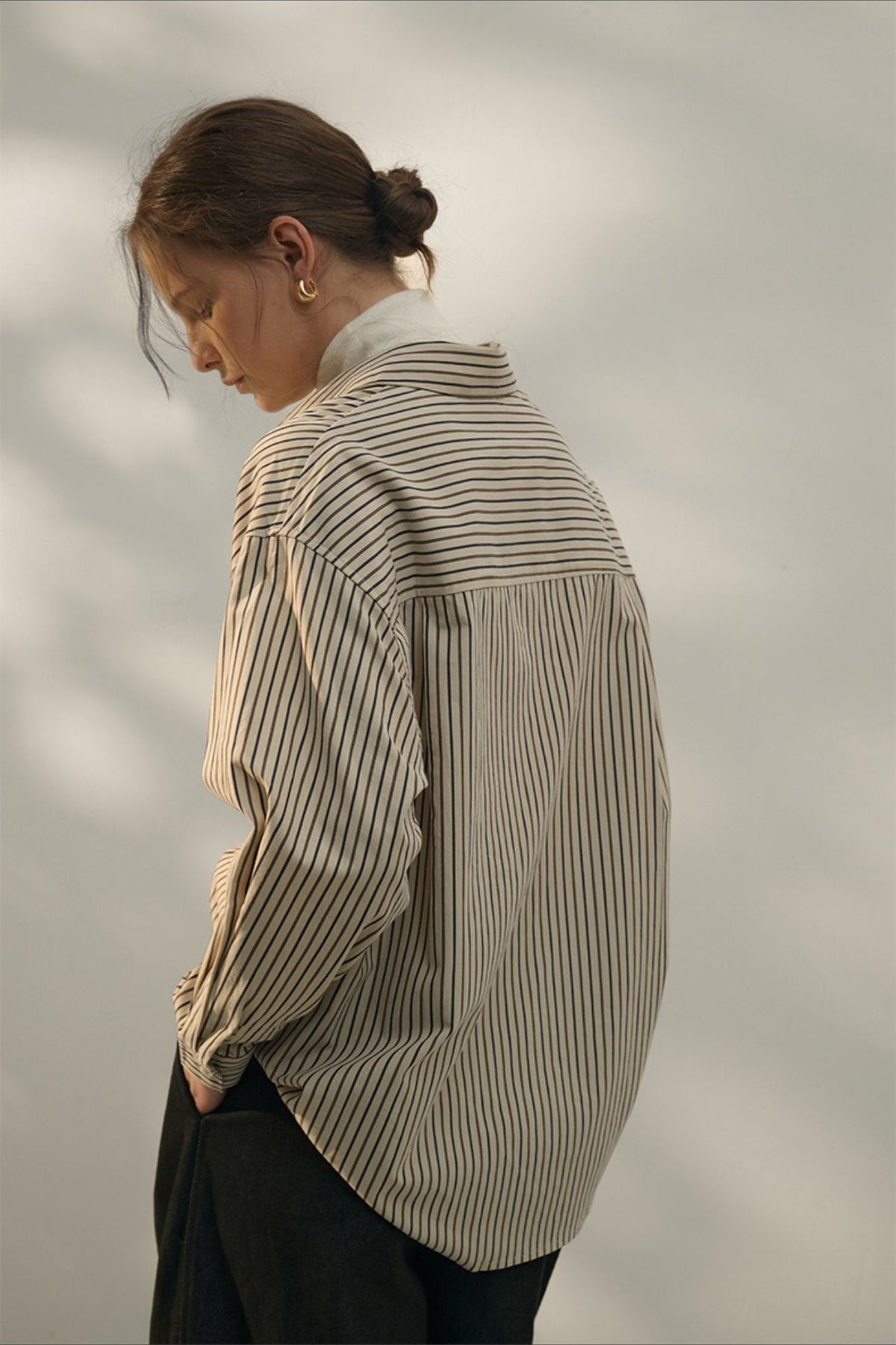 Striped Collared Long Sleeve Chest Pocket Oversized Shirt 5