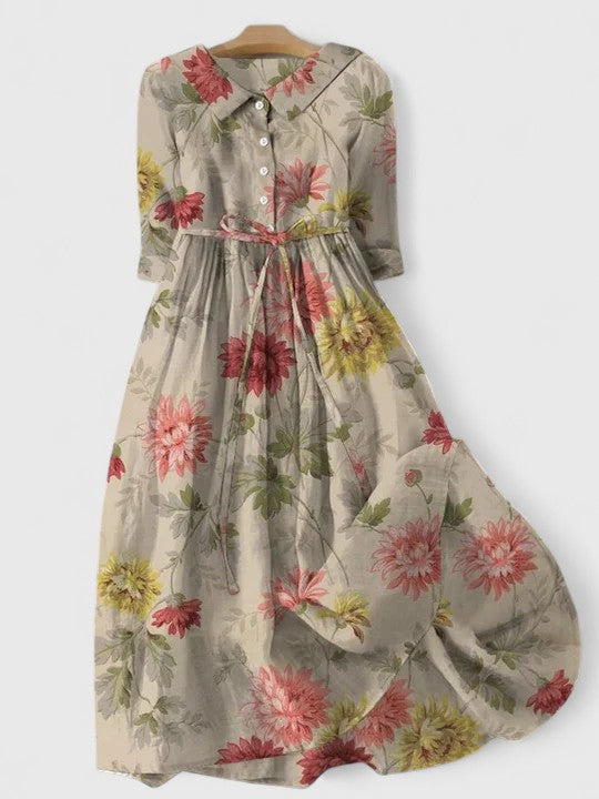 Floral Print Half Sleeve Button Front Belted Maxi Dress