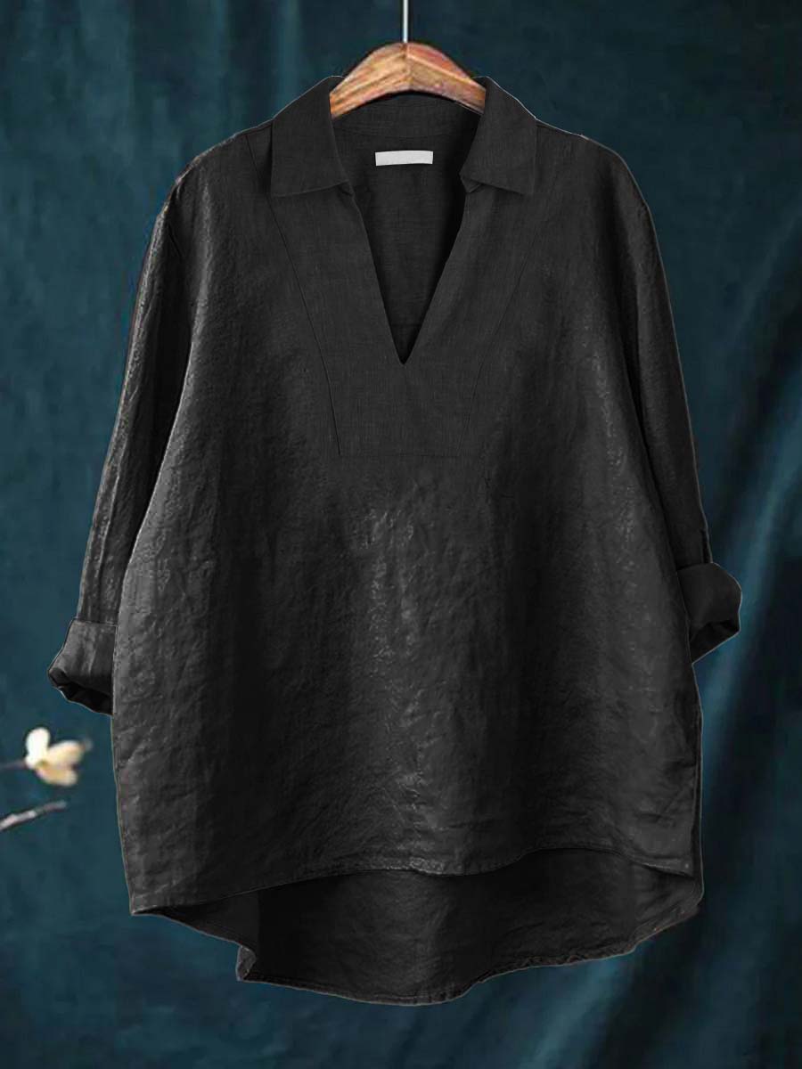 Collared V-Neck Long Sleeve Linen Look Popover Top