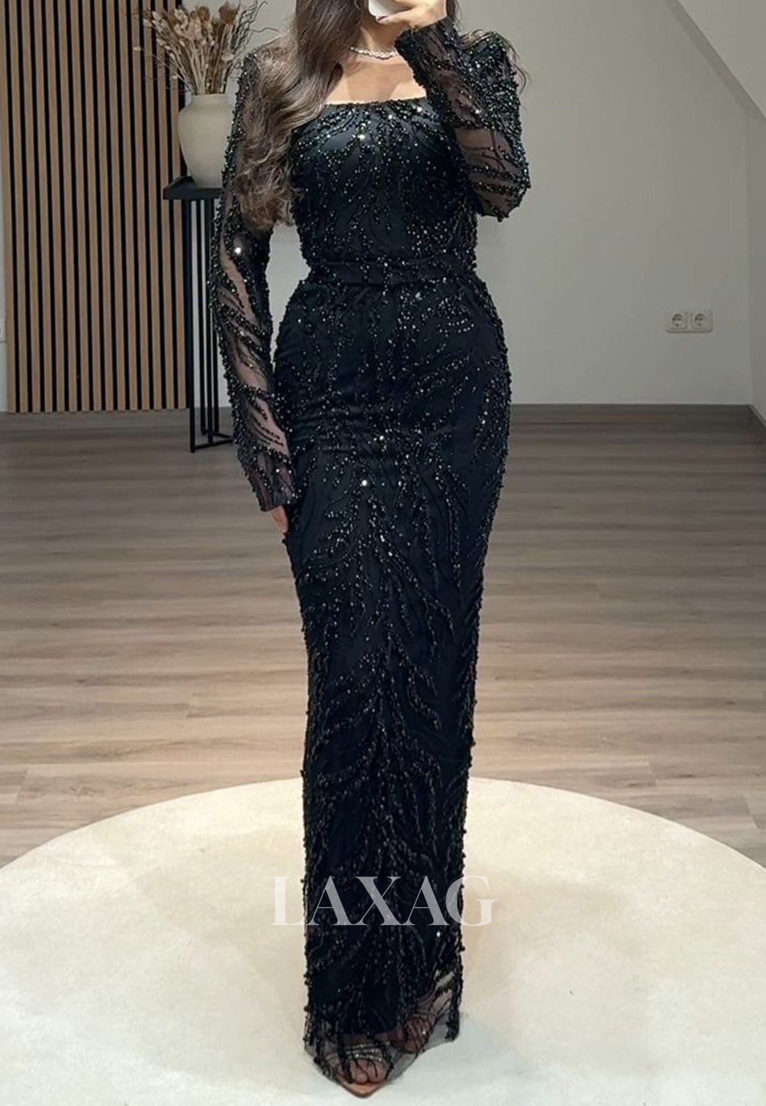 Square-Neck Long Sleeves Pleated Mermaid Prom Dress Beaded Sequined Floor-Length Evening Gowns