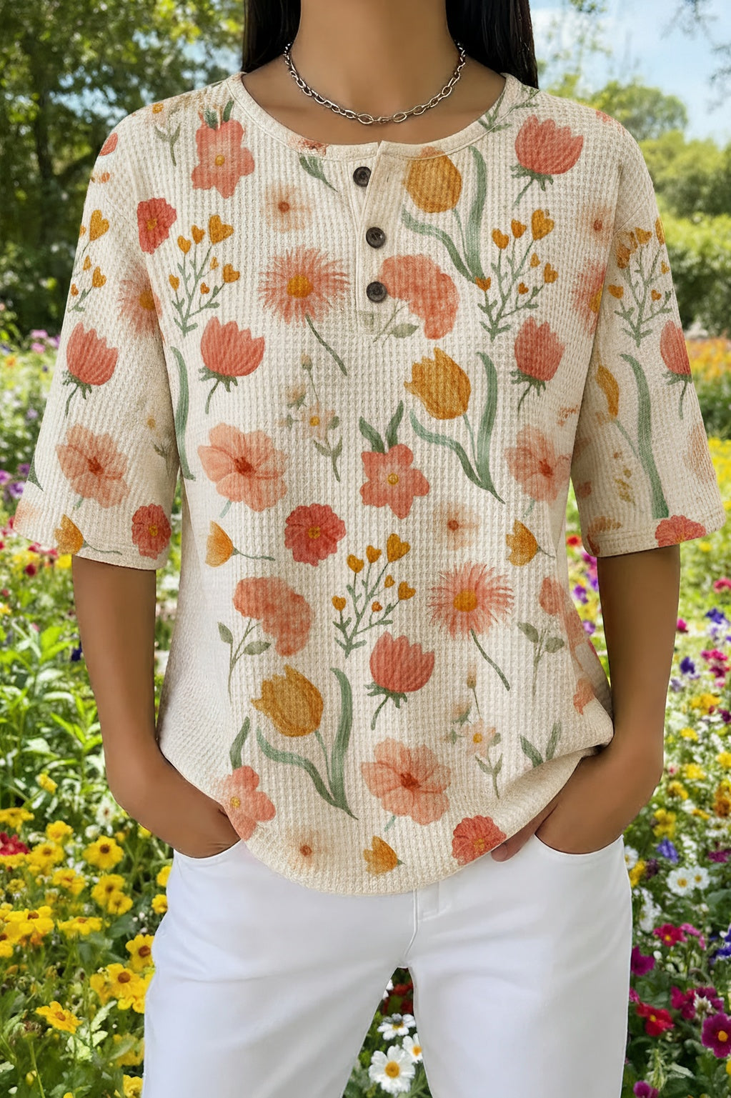 Womens Cream Orange Floral Print Casual Henley Shirt