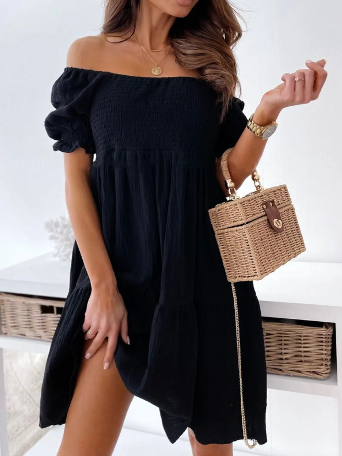 Textured Off Shoulder Smocked Puff Sleeve Tiered Midi Dress 5