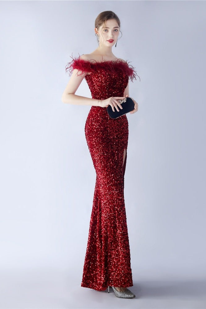 Sequin Off Shoulder Feather Trim High Split Mermaid Gown