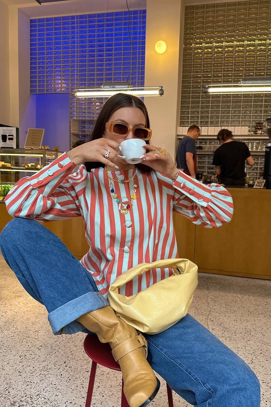 Striped Band Collar Button Front Long Sleeve Blouse 2