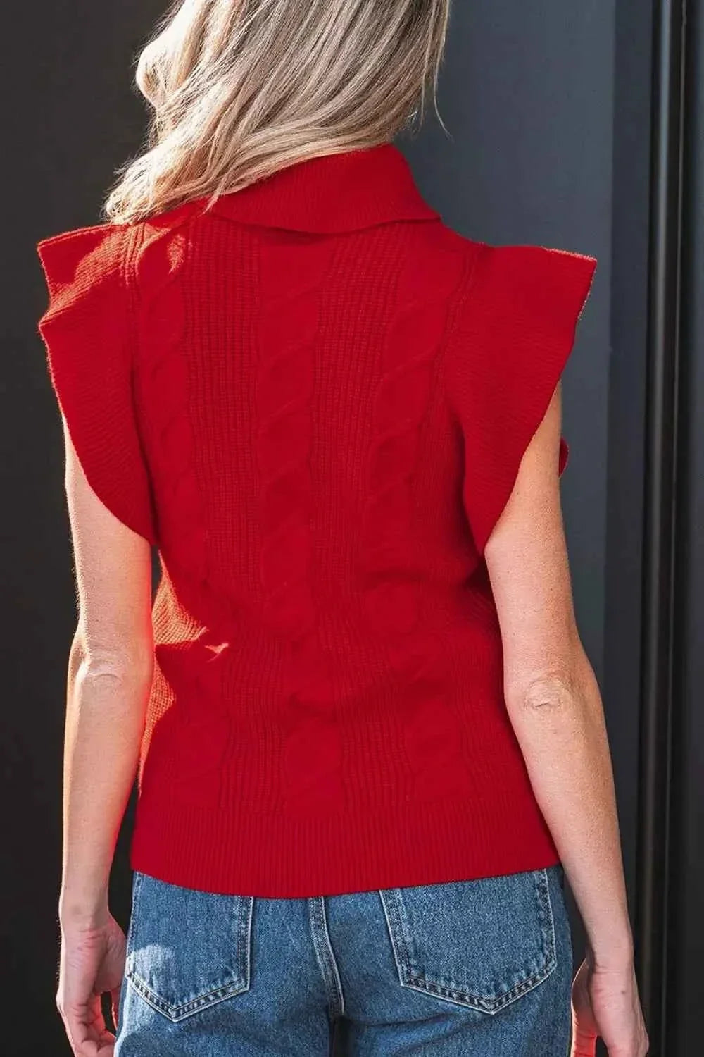 Turtleneck Ruffle Cap Sleeve Cable Knit Sweater 2