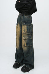 Paneled Multi Pocket Distressed Vintage Cargo Jeans