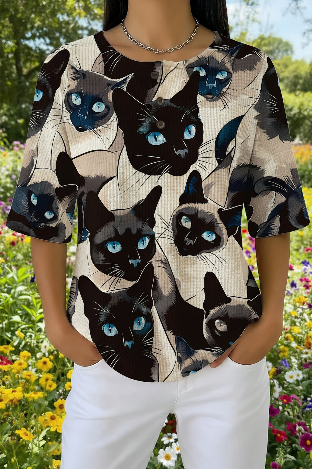 Womens Black and White Siamese Cat Print Casual Shirt