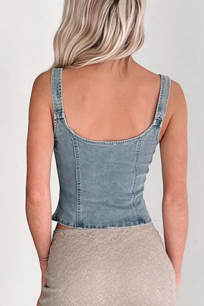 Denim-Look Wide Strap Scoop Back Seamed Fitted Tank Top