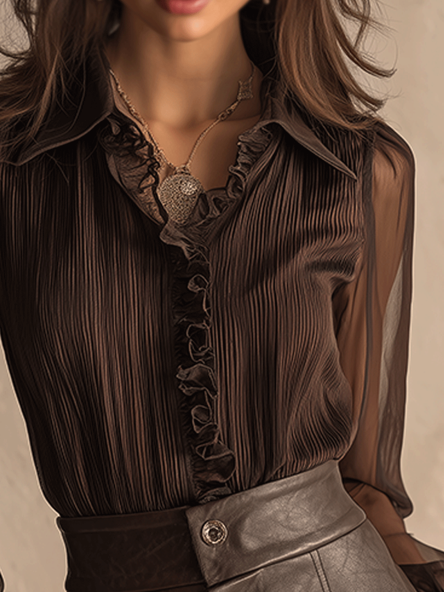 Dark Mocha Ruffle Sheer Pleated Shirt