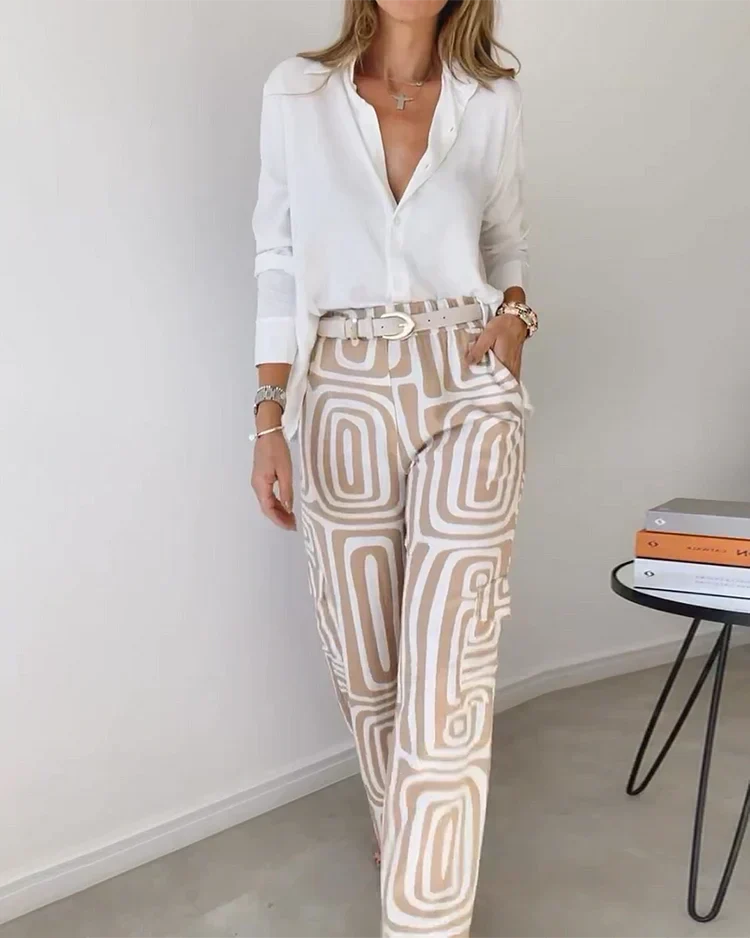 Long Sleeve Shirt and Geometric Print Wide Leg Pants Two Piece Set