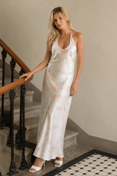 Satin U Neck Halter Backless Slim Floral Dress