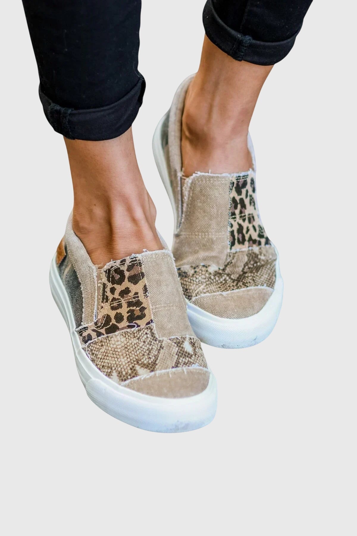 Round Toe Mixed Print Slip On Platform Sneakers