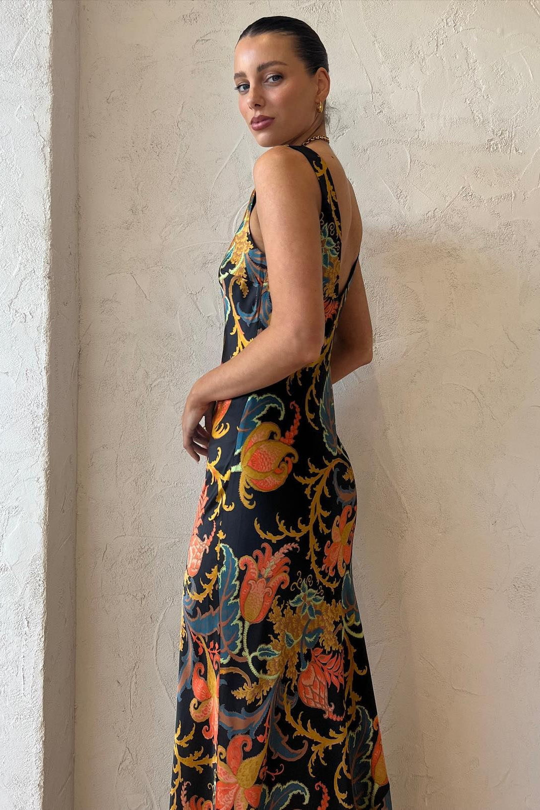 Satin Floral Print V-Neck Sleeveless Maxi Slip Dress 2