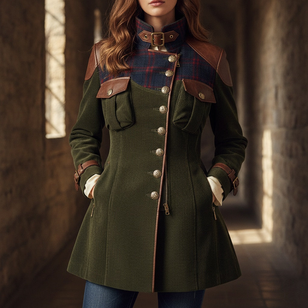 Forest Green Military-Inspired Coat with Plaid and Leather Accents