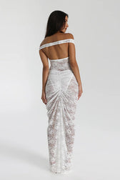 Sleeveless Lace Backless Ruched Bodycon Maxi Lace Dress