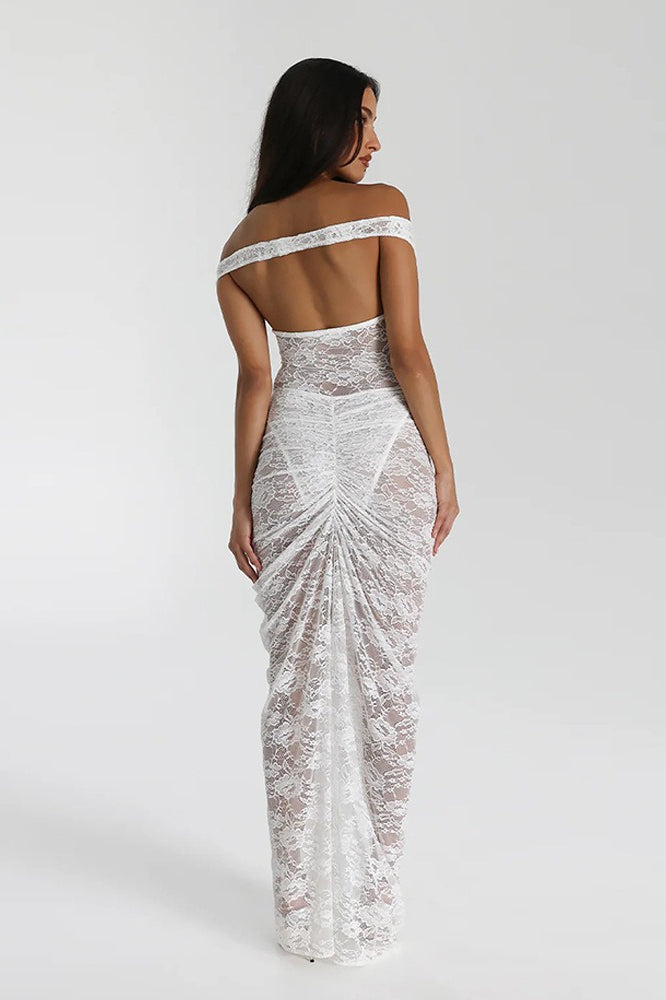 Backless Lace Ruched Bodycon Maxi Dress