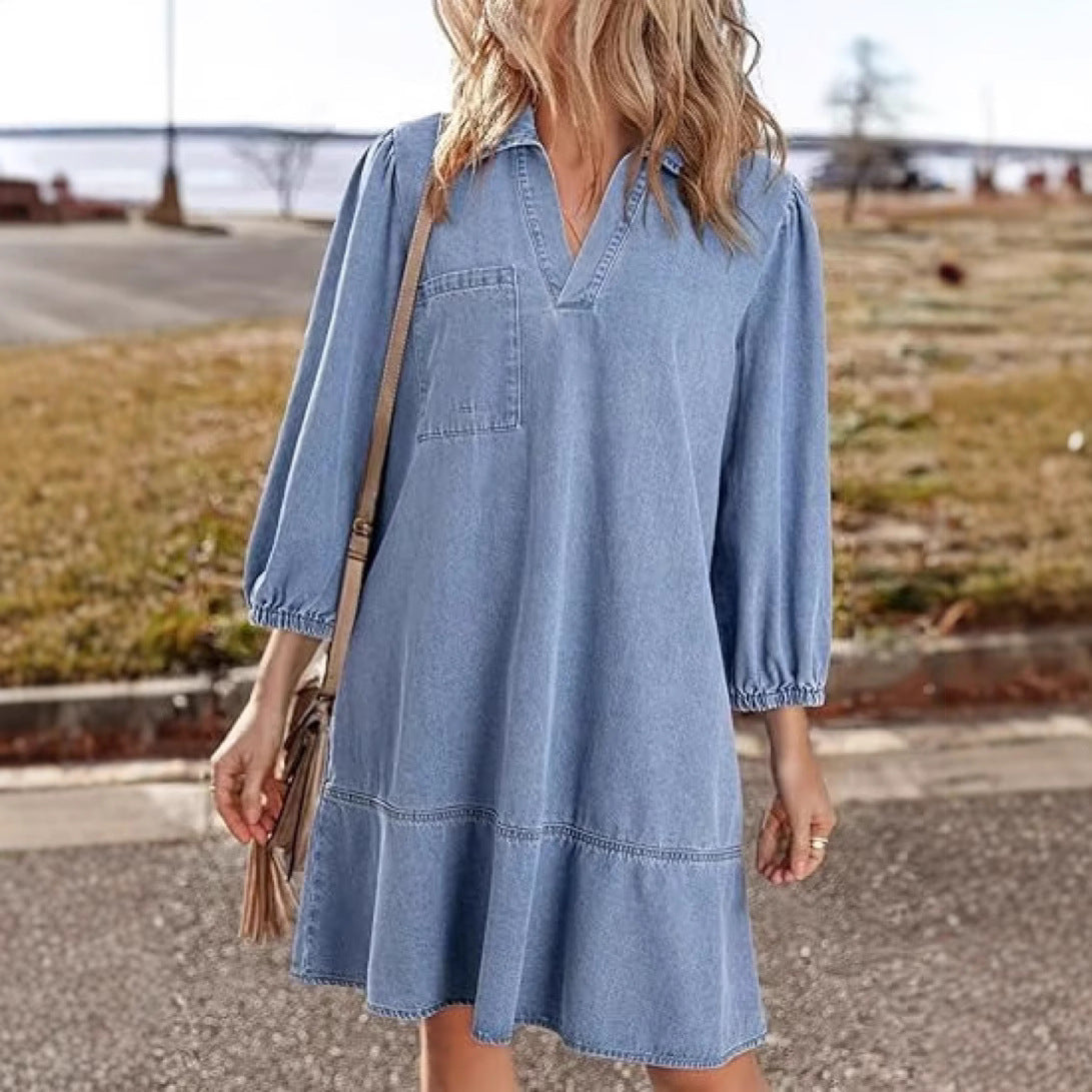 Denim V-Neck Puff Sleeve Pocket A-Line Mini Dress 2