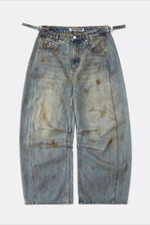 Vintage Washed Distressed Wide-Leg Denim Jeans
