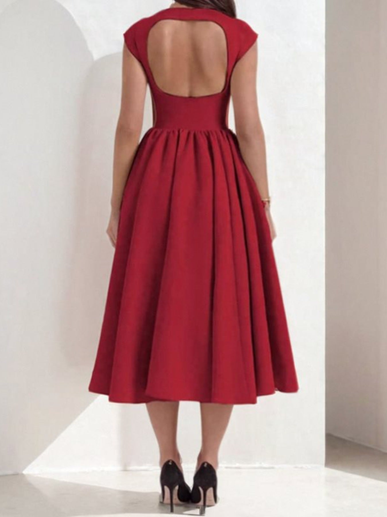 Satin Boat Neck Cap Sleeve Fit and Flare Midi Dress 6