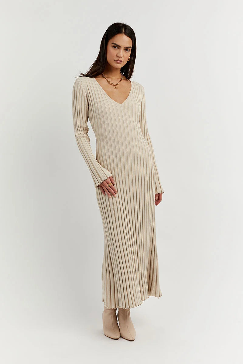 Elevated Luisa Knitted Midi Dress with V Neck and Sleeves Boutique Collection