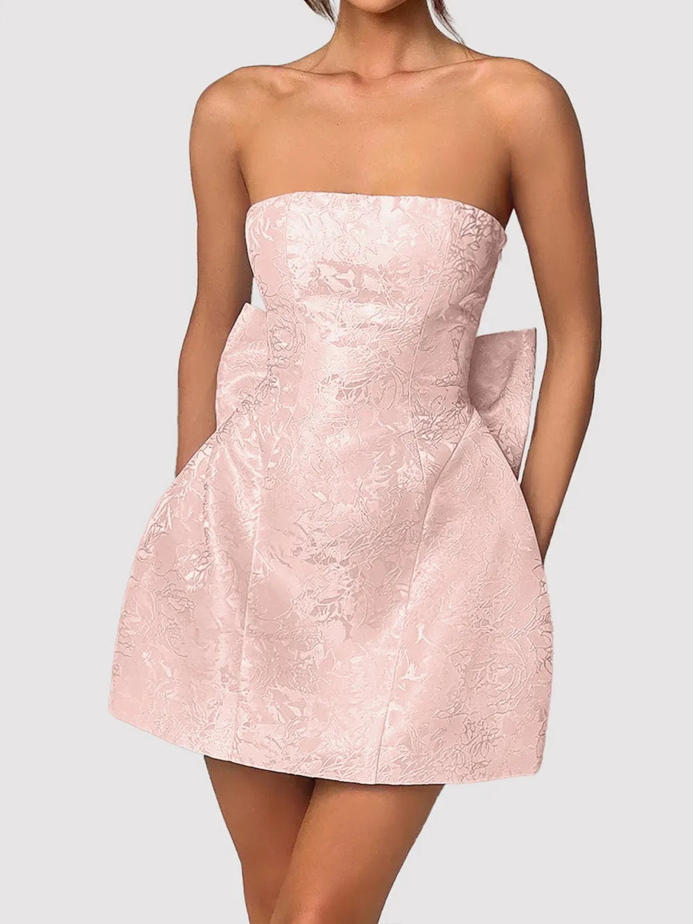 Floral Jacquard Strapless Oversized Back Bow Bubble Mini Dress 3