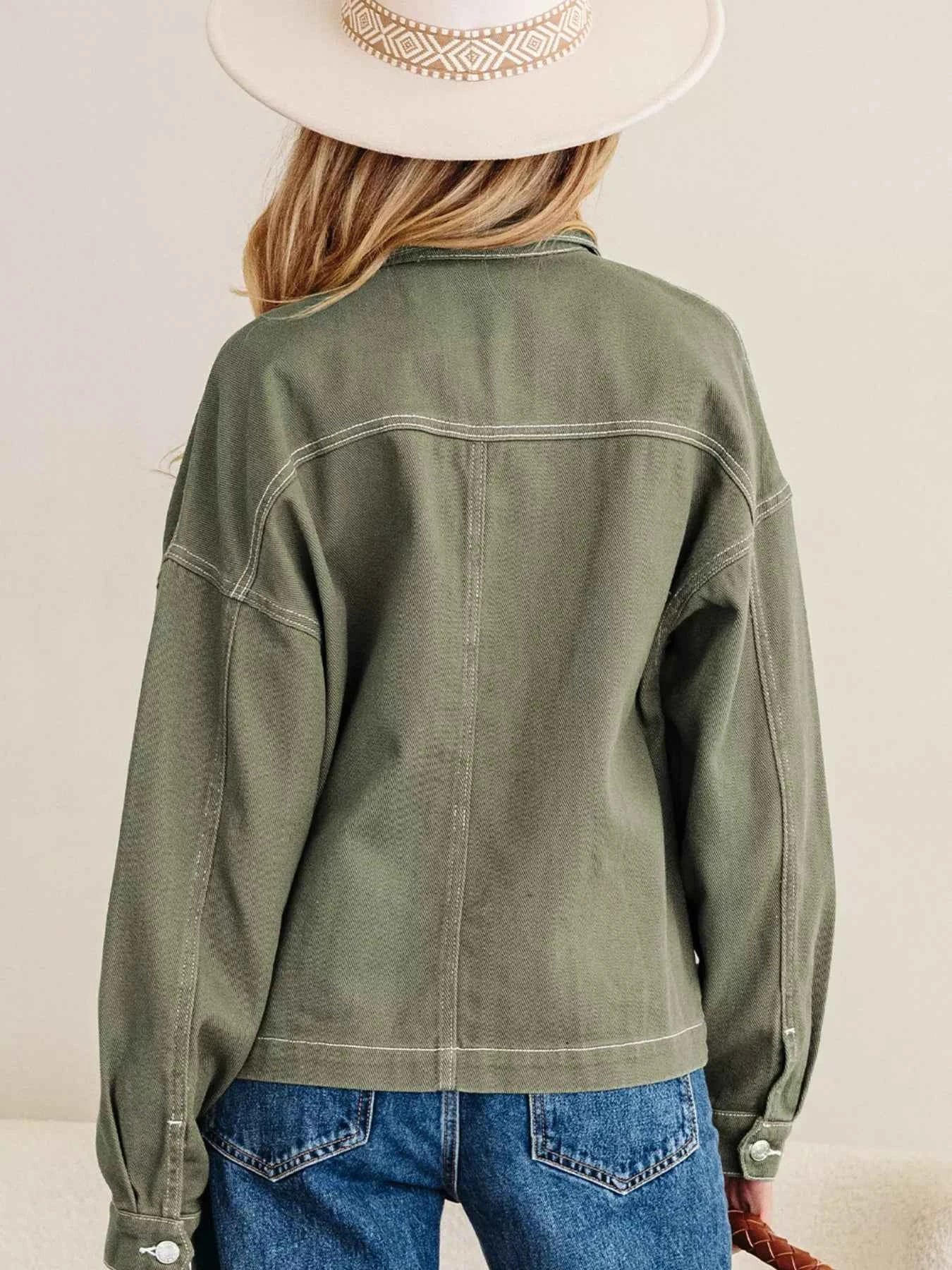 Patched Pocket Collared Button Front Boyfriend Denim Jacket