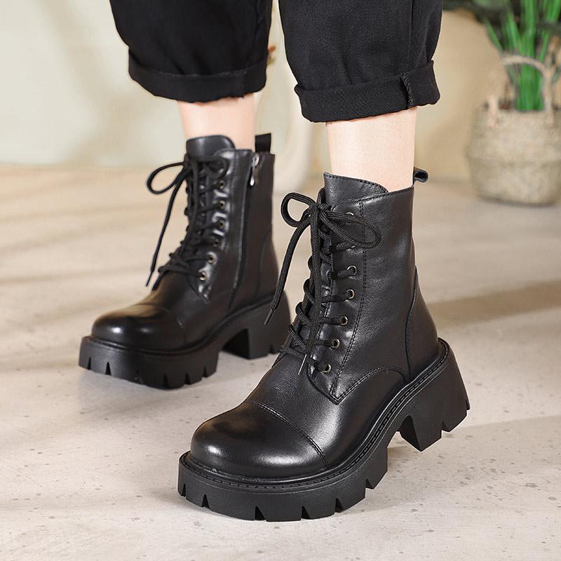 Genuine Leather Boots Lace-Up Combat Boots Retro Chunky Ankle Boots