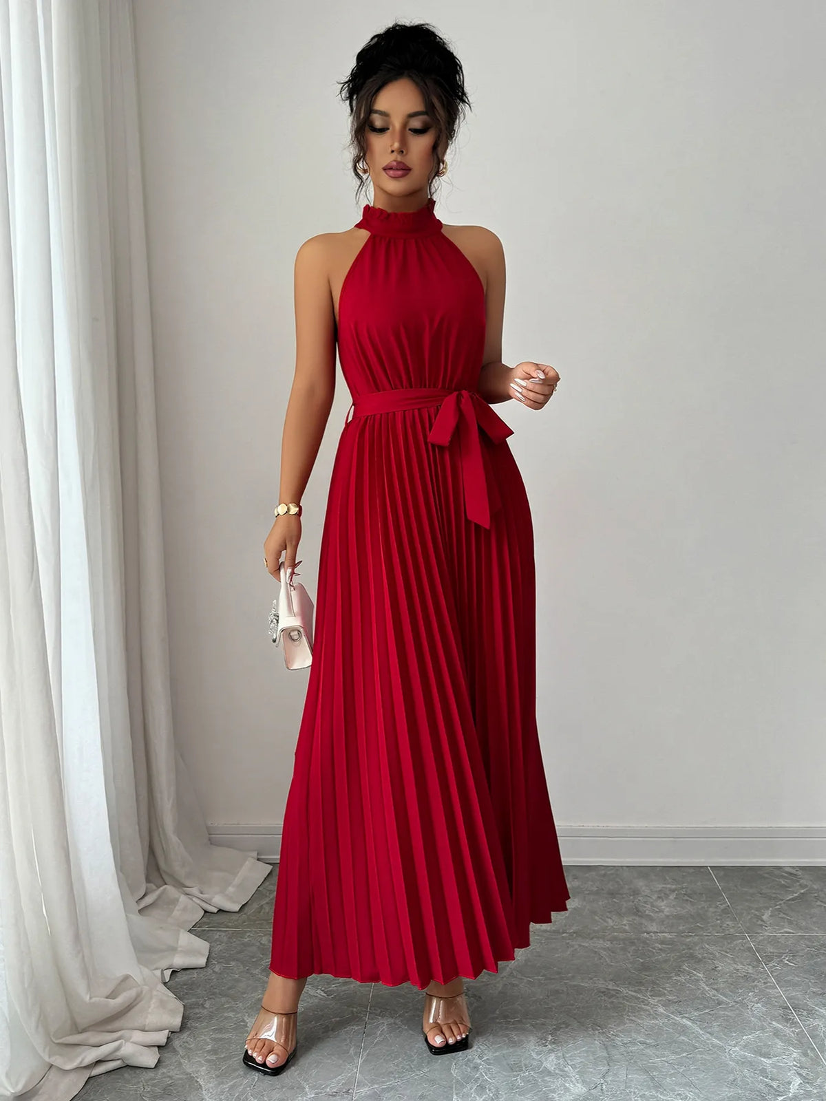 Pleated Halter Neck Tie Waist Maxi Dress