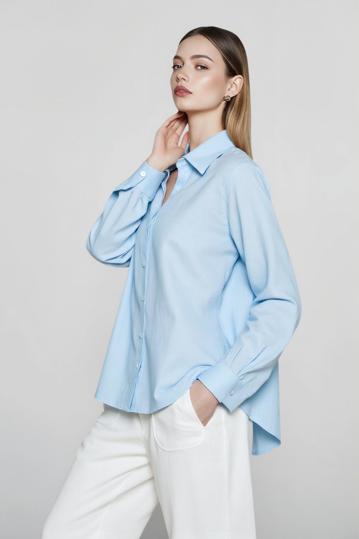 Pointed Collar Long Sleeve Linen Look Curved Hem Button Up Shirt 2