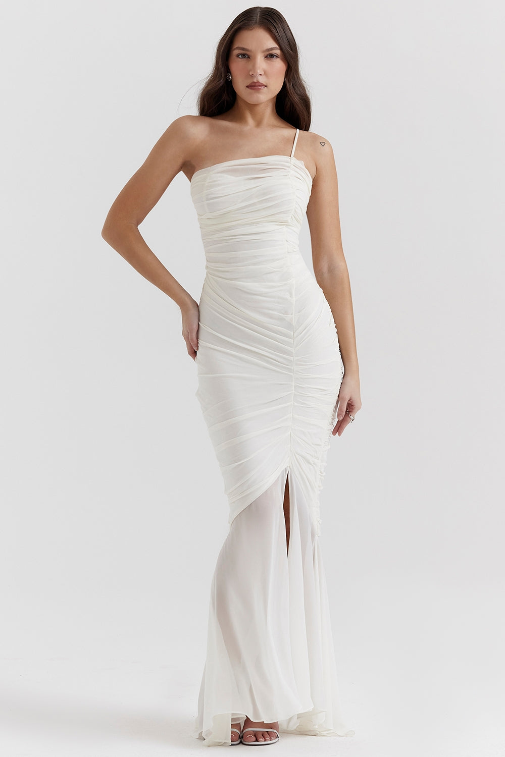 Ruched Mesh Asymmetric Neck Front Split Mermaid Maxi Dress 4