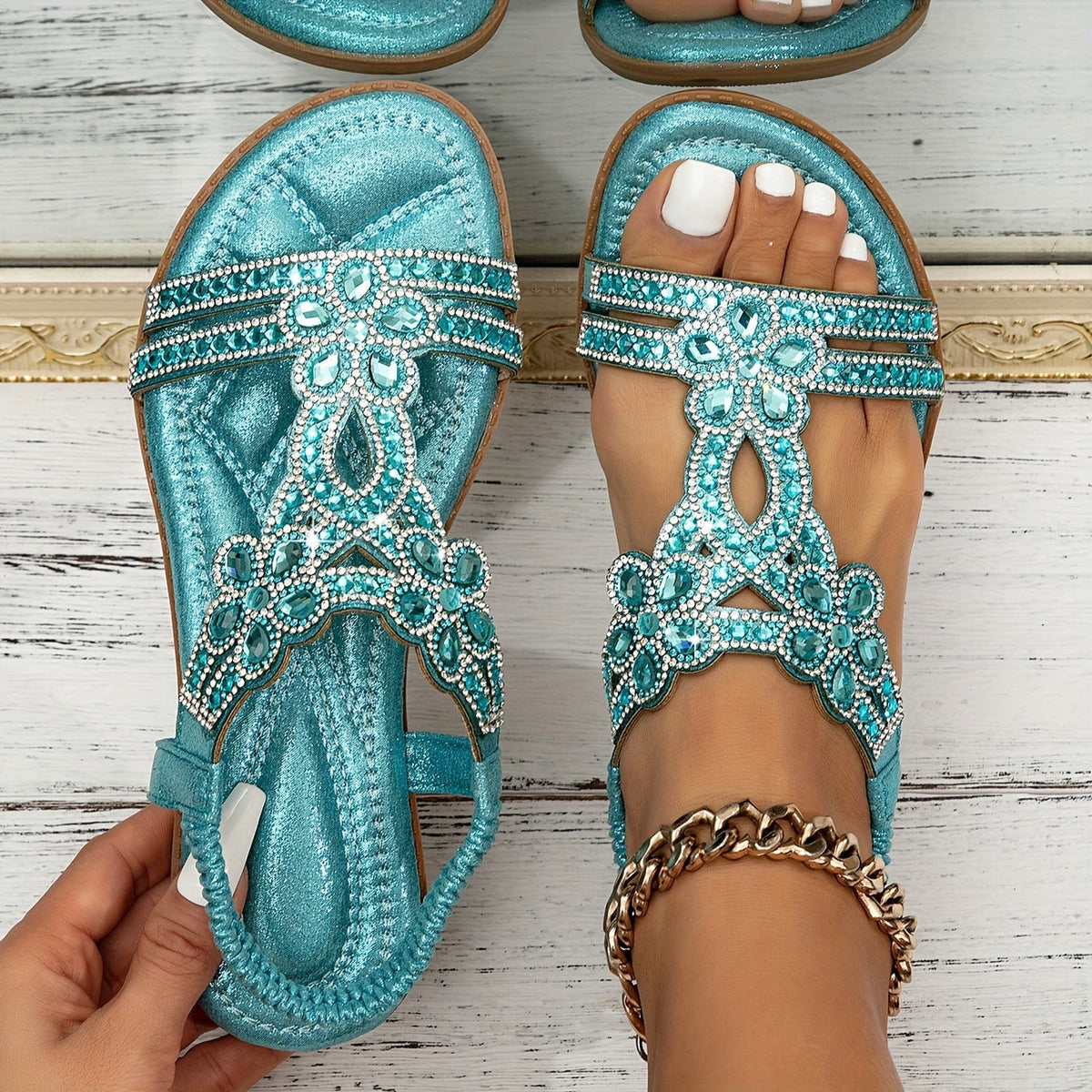 Open Toe Rhinestone Embellished Flat Sandals