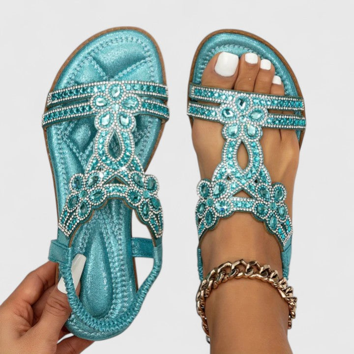Open Toe Rhinestone Elastic Ankle Flat Sandals 3