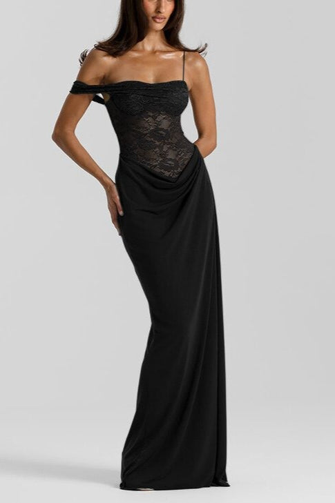 Sheer Lace Bodice Asymmetric Strap Draped Bodycon Maxi Dress 3