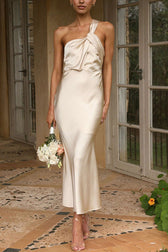 Carrie Satin Drape Twist Detail One Shoulder Midi Dress in Green - View 9