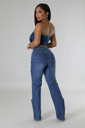 Large Ripped Chain Beaded Accent Straight Denim Jeans