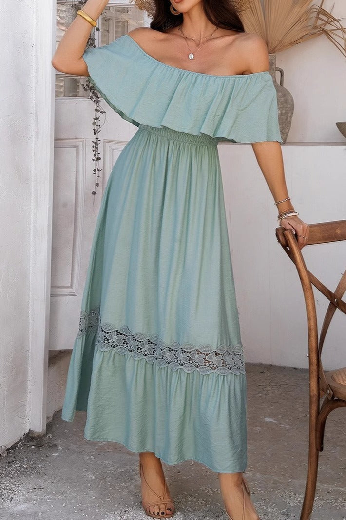 Casual Off Shoulder Waist Cinched Boho Dress