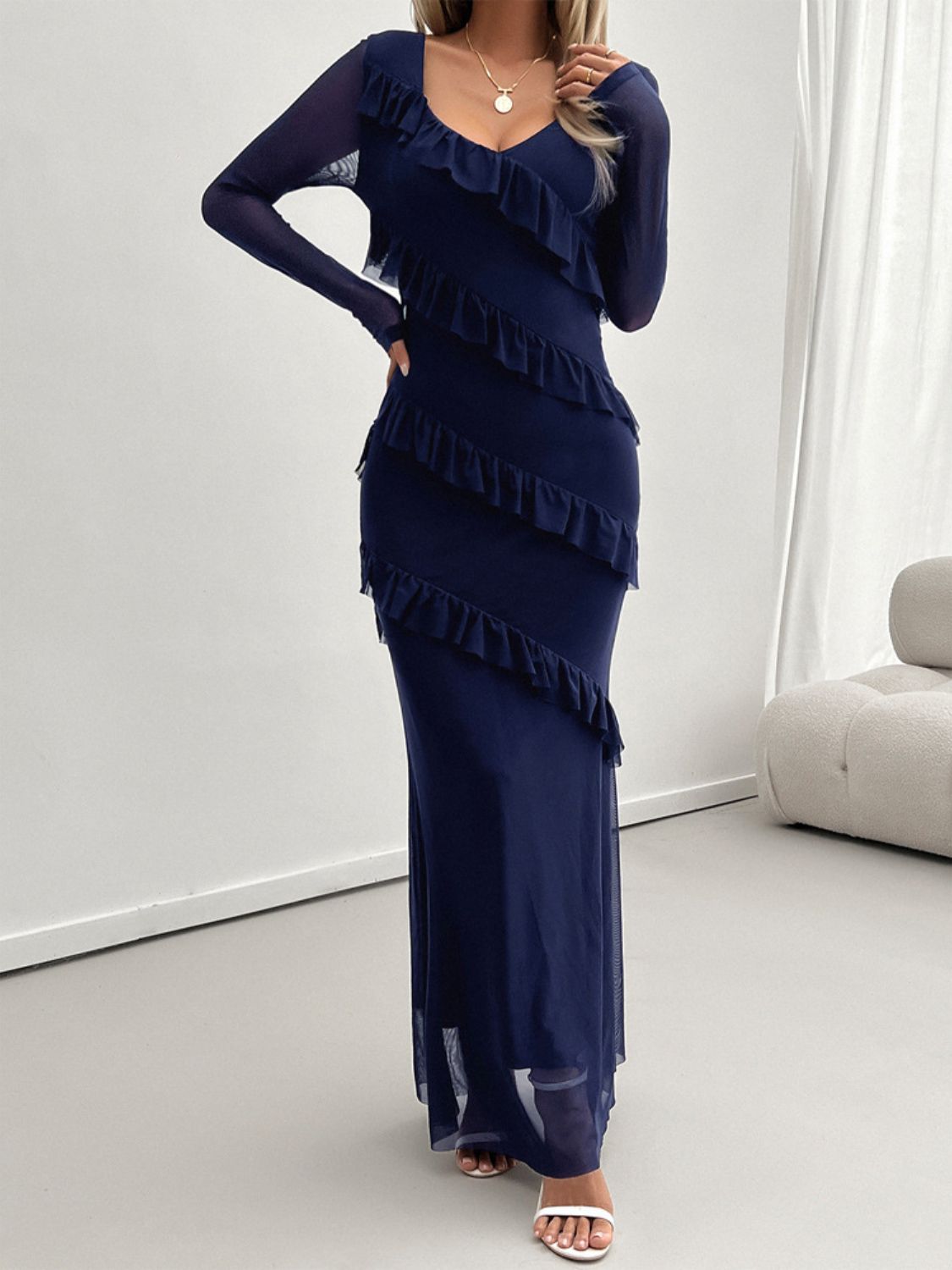 Mesh Surplice V-Neck Long Sleeve Tiered Ruffle Mermaid Maxi Dress 7