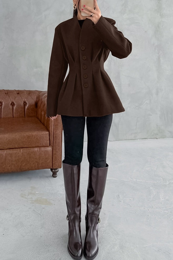 Collarless V-Neck Five Button Pleated Waist Peplum Blazer Jacket 2