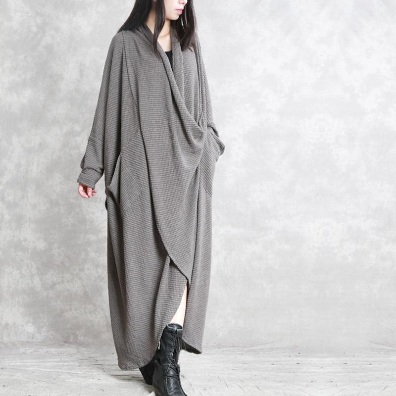 Waffle Knit Draped Cowl Wrap Front Long Sleeve Pocket Asymmetric Layered Hem Maxi Dress