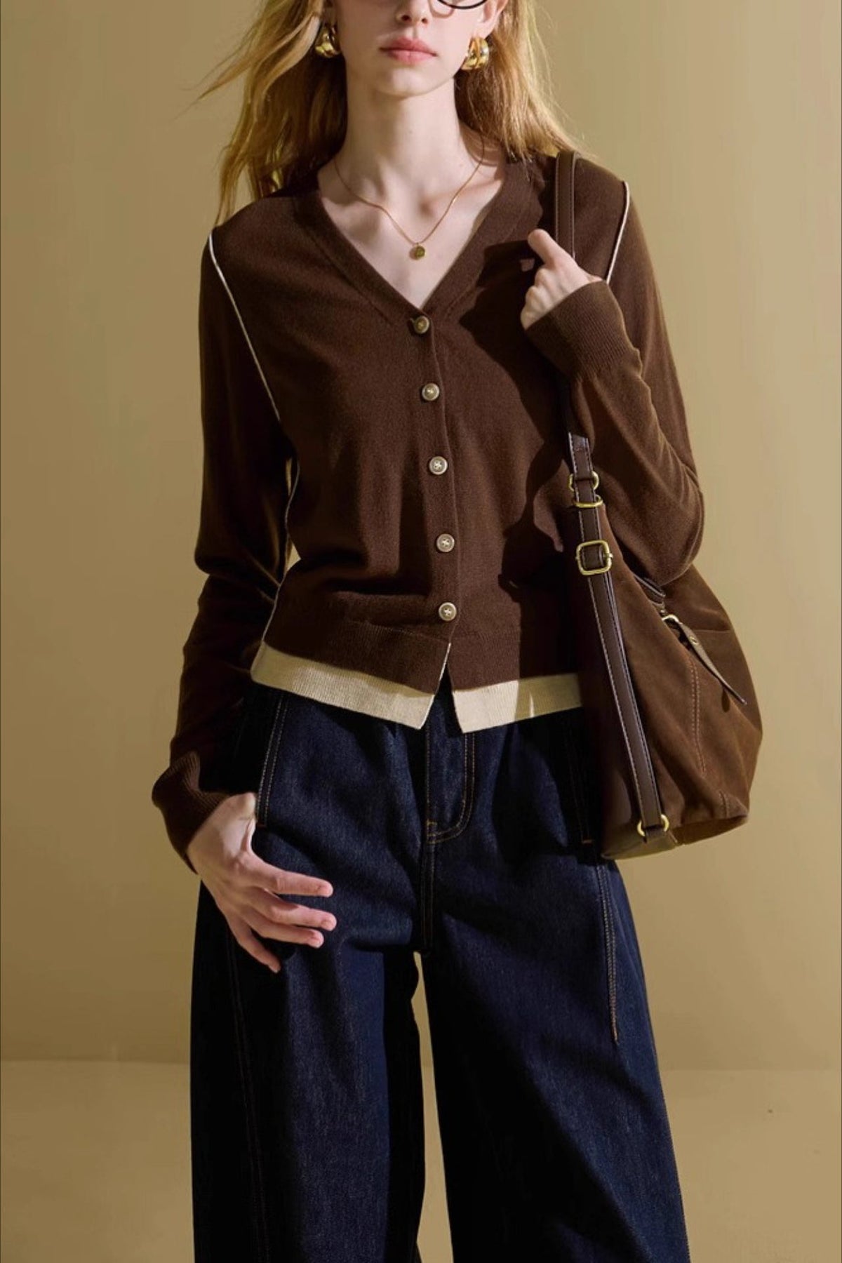 V-Neck Button Front Contrast Piping Layered Hem Knit Cardigan