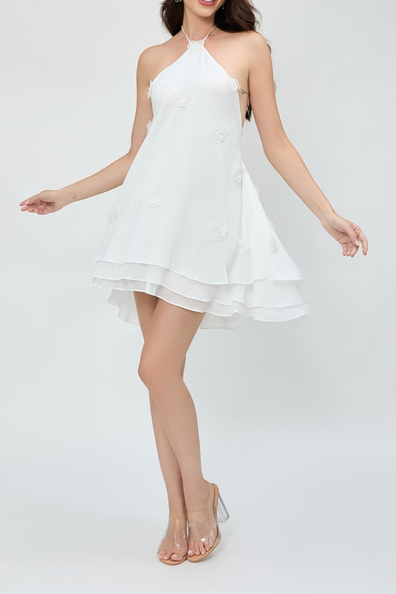 Halter Neck 3D Floral Tiered Ruffle Swing Mini Dress