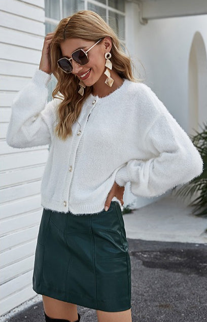 Crew Neck Fuzzy Knit Faux Pearl Button Cropped Cardigan 7