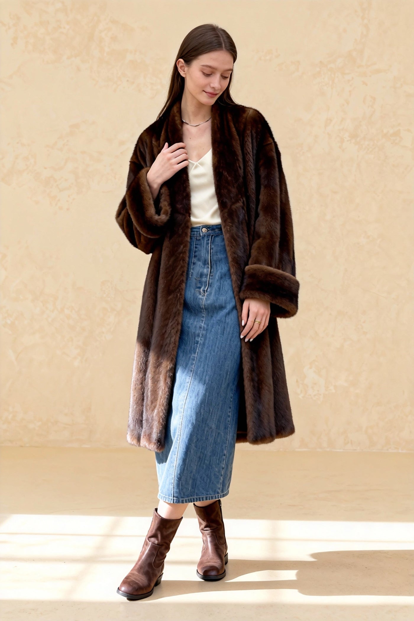 Imitation Mink Lapel Full Sleeve Overcoat