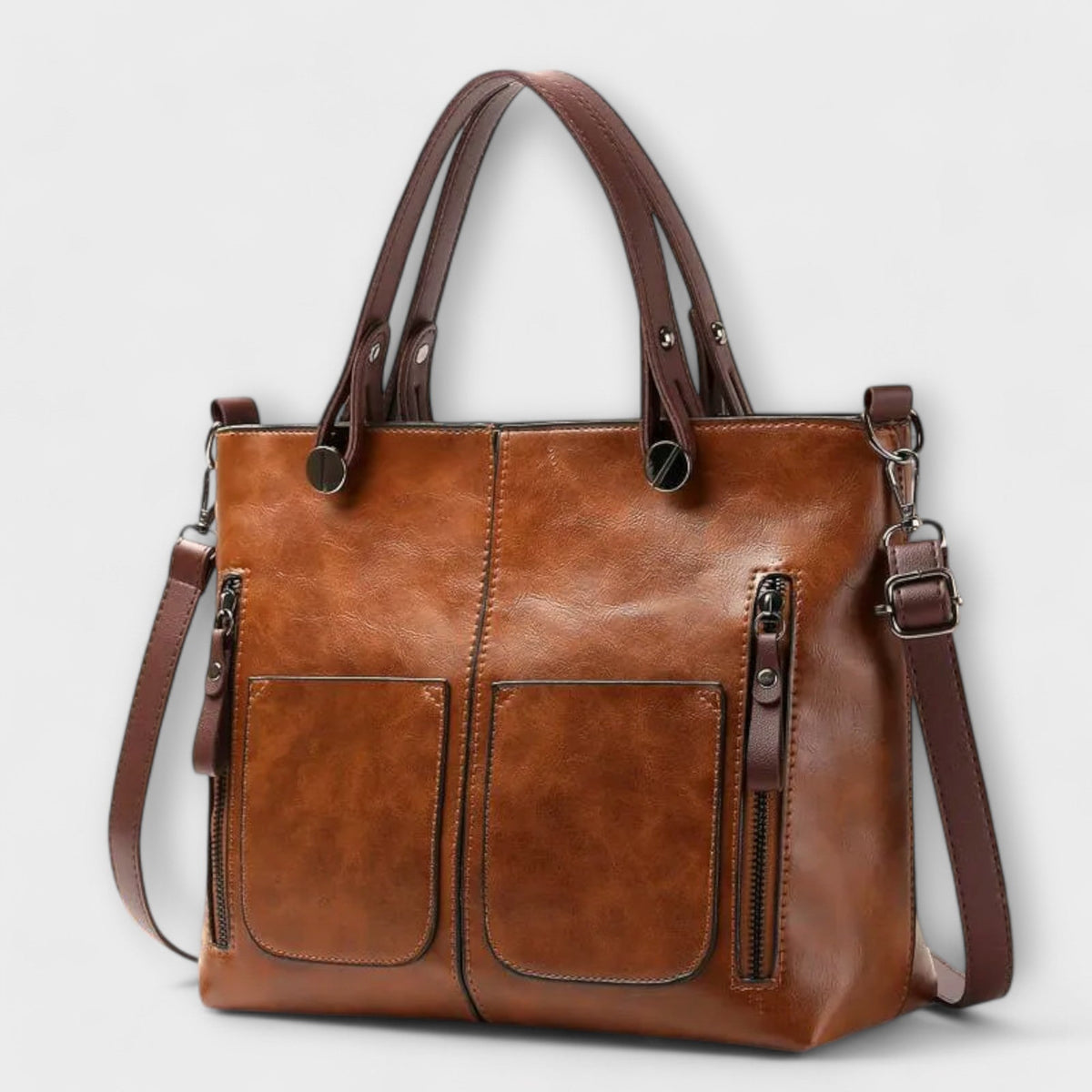 Dual Handle Multi Pocket Faux Leather Tote Bag